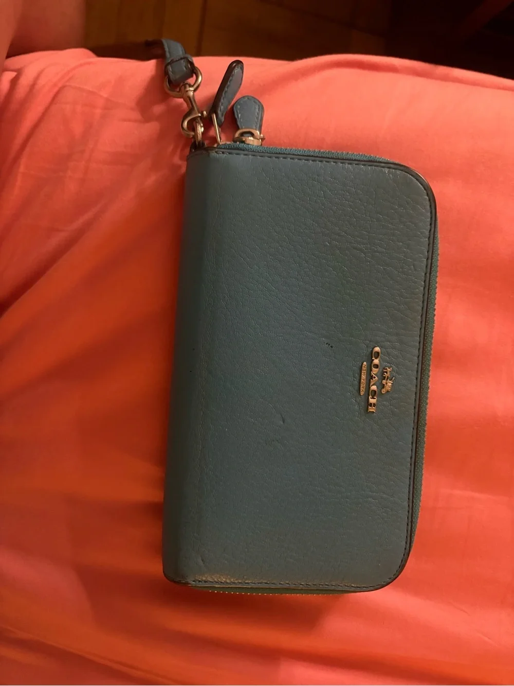 Coach Teal Leather Zip Wristlet Wallet with Gold Hardware